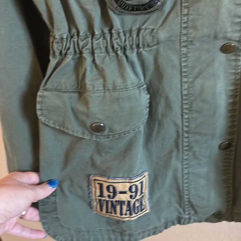 The Story Hooded Army Green Military Style Jacket with Patches/ Size Small
